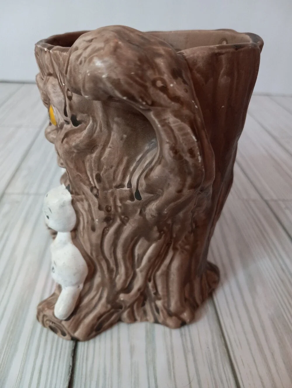 Vintage Spooky Ceramic Brown Tree Trunk Halloween Planter with White Ghosts